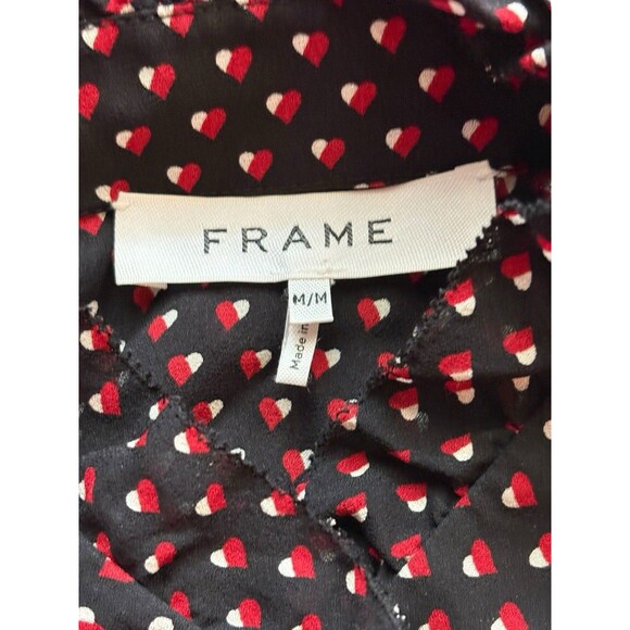 FRAME Grace Silk Noir Blouse Black Red White Hearts Ruffle Button Up Women’s M - Picture 7 of 13